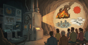 El relato del cambio climático: Imagen conceptual sobre titulares alarmistas y datos reales en el debate climático