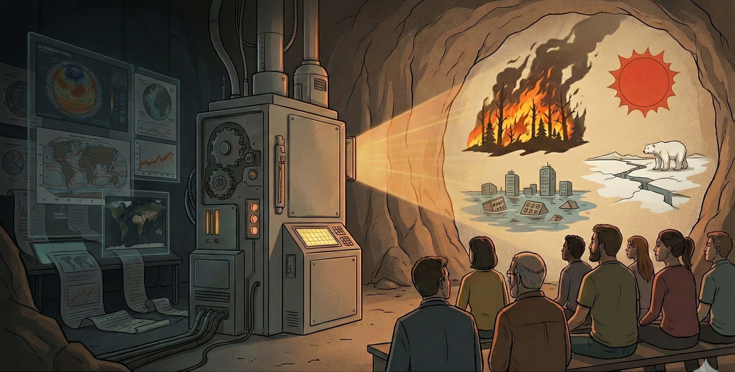 El relato del cambio climático: Imagen conceptual sobre titulares alarmistas y datos reales en el debate climático