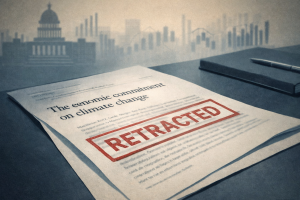 Ilustración de un estudio climático retractado tras su publicación, con referencia a ciencia, economía y política.