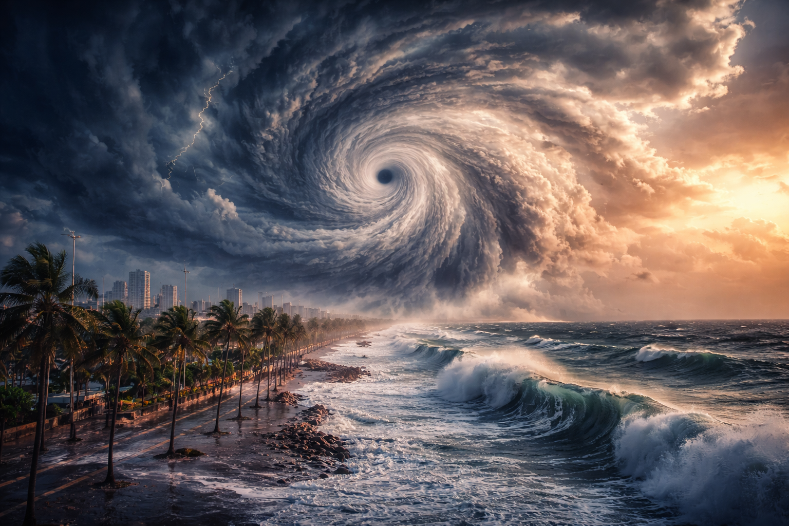 Ilustración de un huracán sobre una zona costera urbanizada, destacando la interacción entre fenómeno meteorológico extremo y exposición humana.