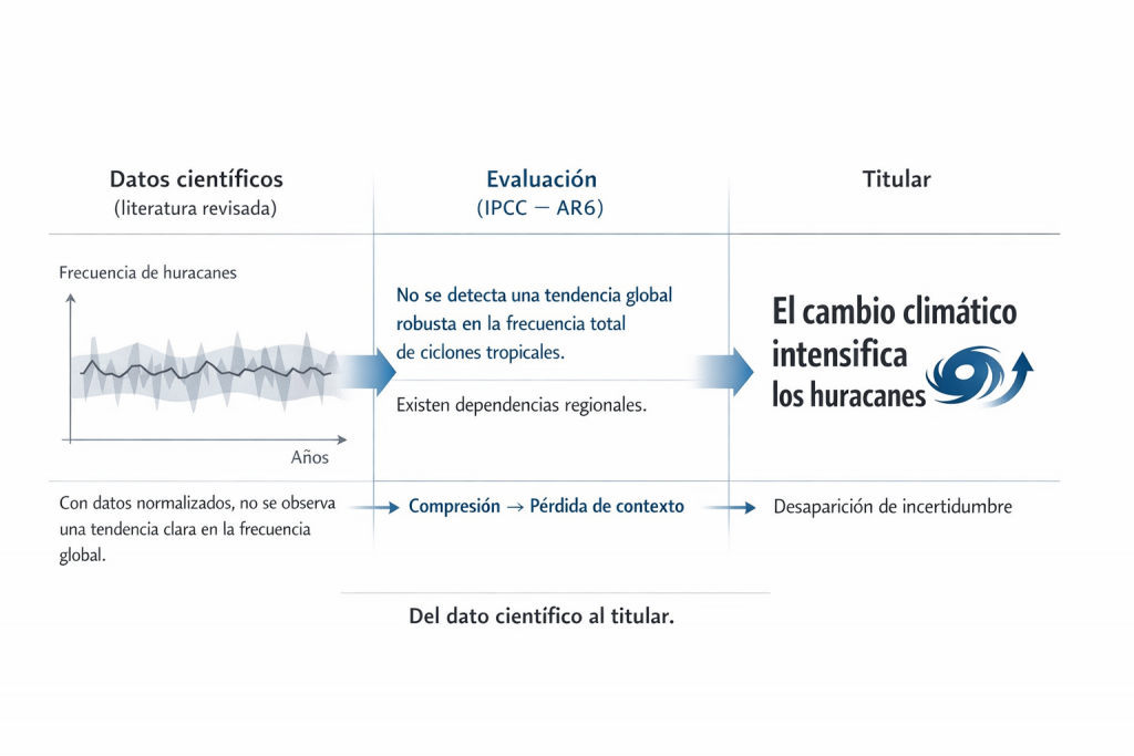 Infografía que muestra cómo la información sobre huracanes cambia del dato científico al titular