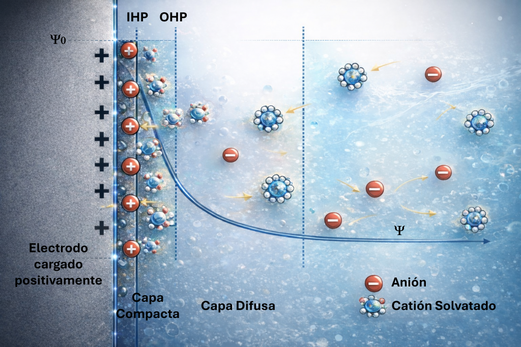 doble capa eléctrica en la interfase electrodo–electrolito. Electric double layer