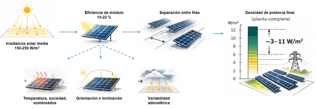 De la irradiancia solar a la densidad de potencia de una planta fotovoltaica.