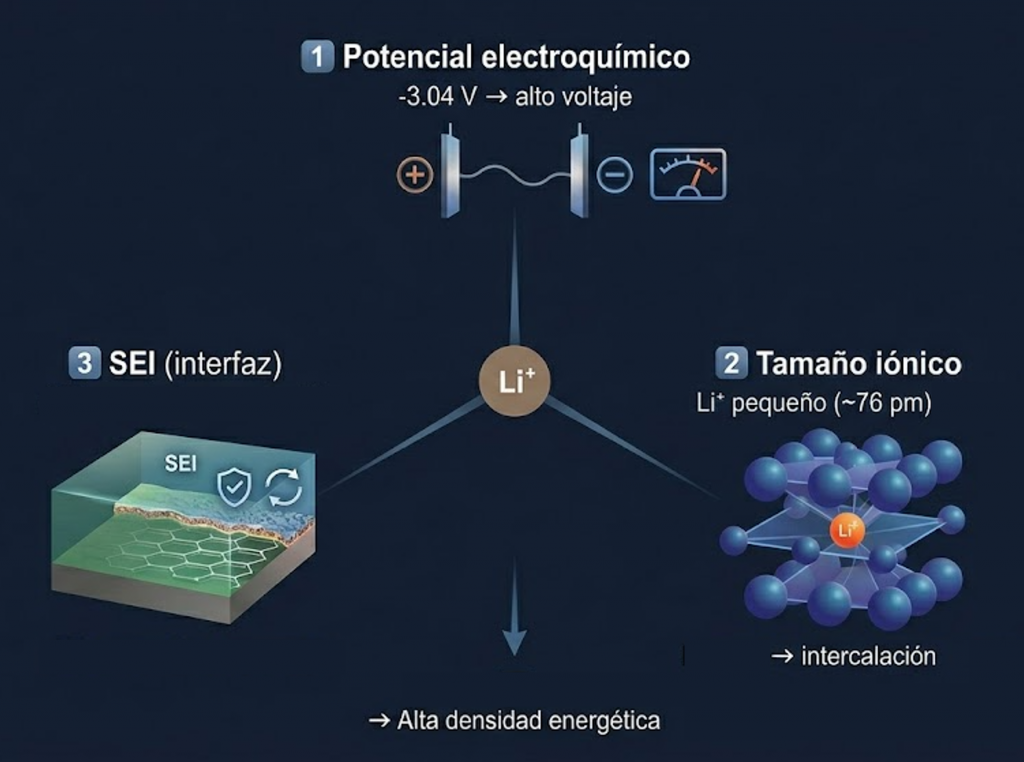 Infografía que explica por qué el litio (Li⁺) es el núcleo de las baterías modernas: su alto potencial electroquímico proporciona un voltaje elevado, su pequeño tamaño iónico permite una intercalación eficiente y la formación de una interfaz SEI estable y reversible protege el electrodo, todo resultando en una alta densidad energética.