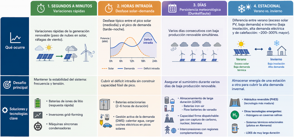 Flexibilidad del sistema eléctrico según escala temporal.
La infografía sintetiza el problema de la flexibilidad en sistemas eléctricos con alta penetración renovable, desagregado en cuatro escalas temporales: (i) segundos–minutos, asociados a variaciones rápidas de generación y estabilidad de frecuencia (inercia), (ii) horas intradía, vinculadas al desfase entre generación solar y demanda, (iii) varios días (Dunkelflaute), caracterizados por persistencia meteorológica adversa, y (iv) escala estacional, determinada por la asimetría entre verano e invierno.