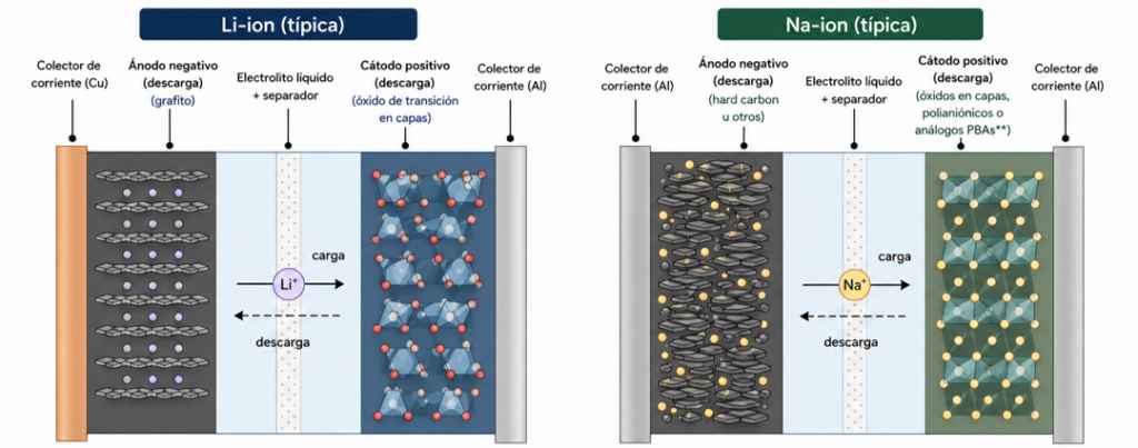Cobre: tenemos substitutos? Anatomía comparativa de celdas Li‑ion y Na‑ion en configuraciones típicas en estado descargado (convención: ánodo negativo, cátodo positivo durante la descarga).
