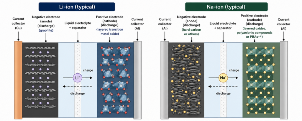 Copper: do we have substitutes? Comparative anatomy of Li-ion and Na-ion cells in typical configurations in the discharged state